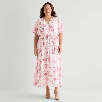 Studio 1 Womens Plus V Neck Short Sleeve Kimono Maxi Dress
