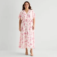 Studio 1 Womens Plus V Neck Short Sleeve Kimono Maxi Dress