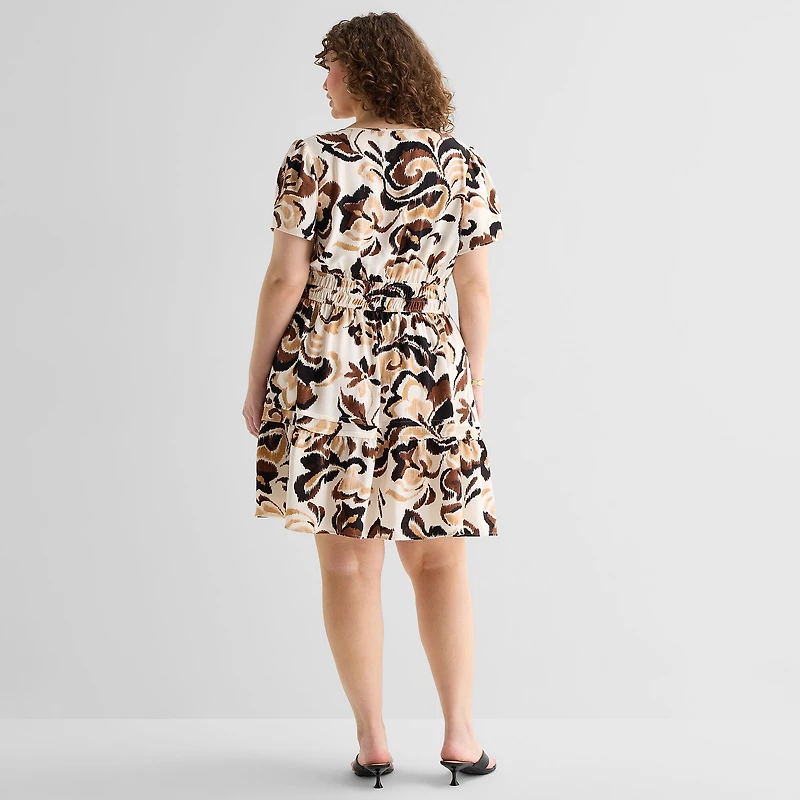 Be by CHETTA B Womens Plus Split Crew Neck Short Sleeve Abstract Fit + Flare Dress
