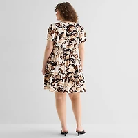 Be by CHETTA B Womens Plus Split Crew Neck Short Sleeve Abstract Fit + Flare Dress