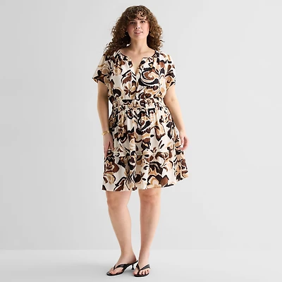 Be by CHETTA B Womens Plus Split Crew Neck Short Sleeve Abstract Fit + Flare Dress