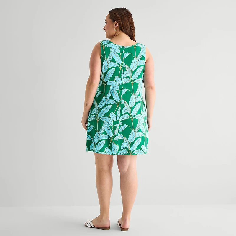St. John's Bay Womens Plus V Neck Sleeveless Floral A-Line Dress
