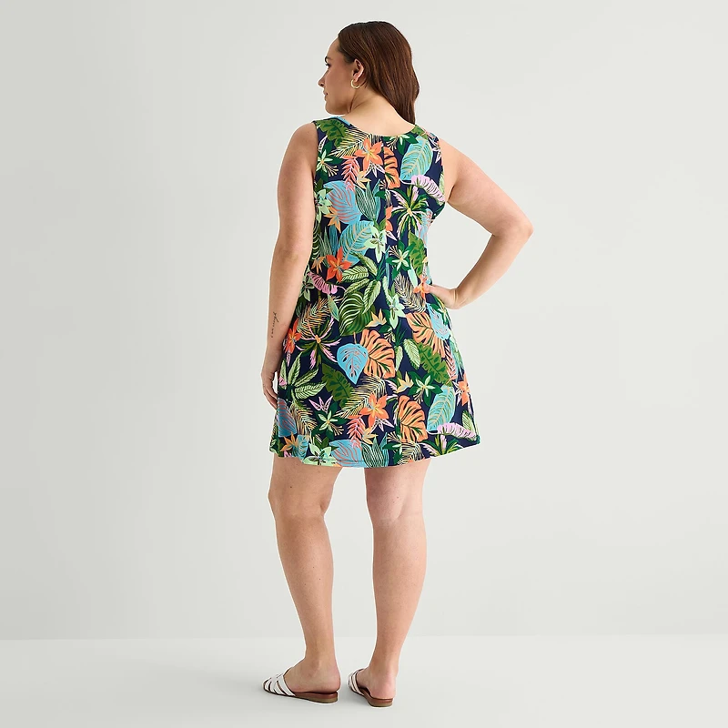 St. John's Bay Womens Plus V Neck Sleeveless Floral A-Line Dress