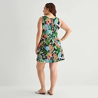 St. John's Bay Womens Plus V Neck Sleeveless Floral A-Line Dress