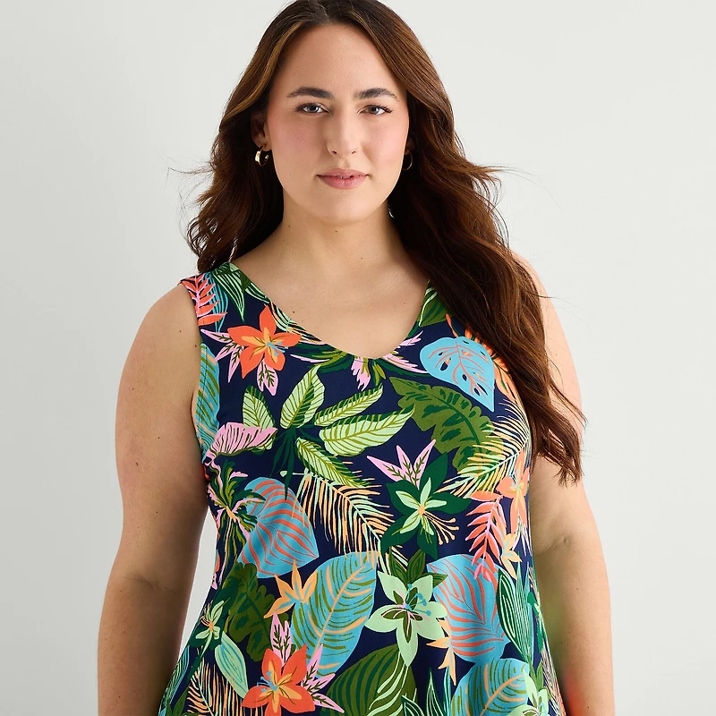 St. John's Bay Womens Plus V Neck Sleeveless Floral A-Line Dress
