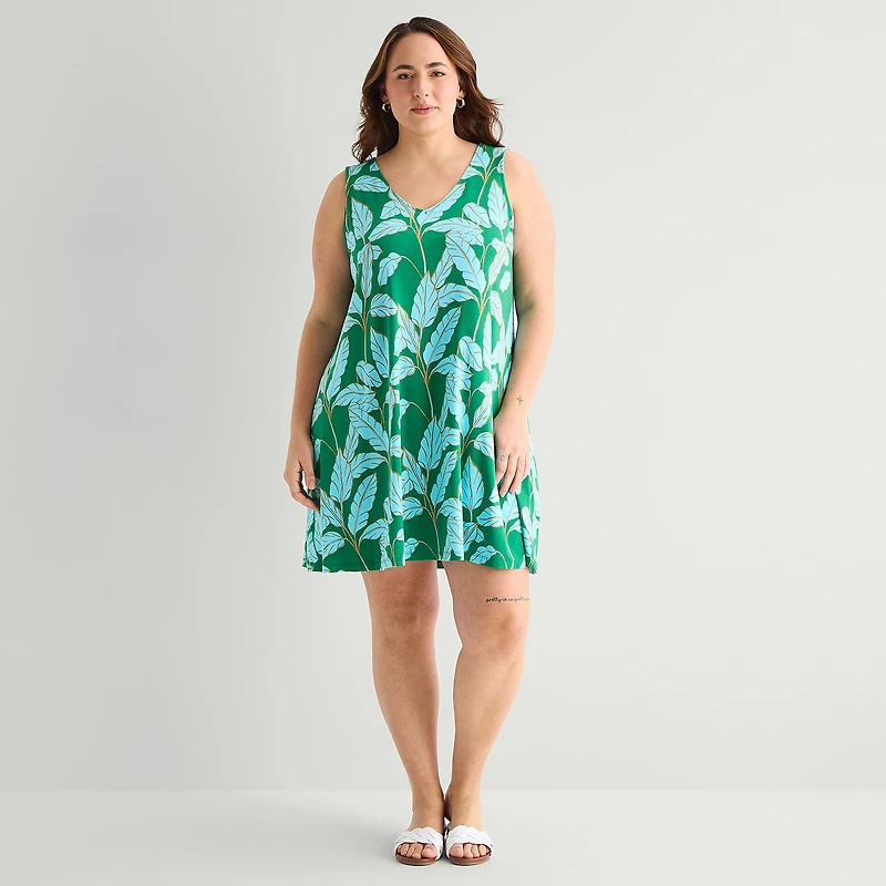 St. John's Bay Womens Plus V Neck Sleeveless Floral A-Line Dress