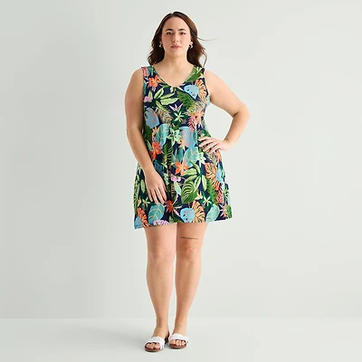 St. John's Bay Womens Plus V Neck Sleeveless Floral A-Line Dress