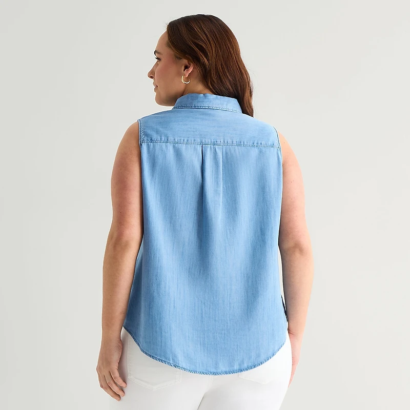 St. John's Bay Womens Plus Sleeveless Classic Fit Button-Down Shirt