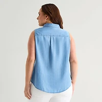 St. John's Bay Womens Plus Sleeveless Classic Fit Button-Down Shirt