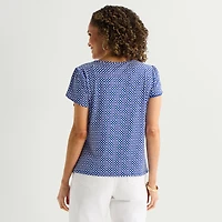 Liz Claiborne Womens Jewel Neck Short Sleeve Blouse
