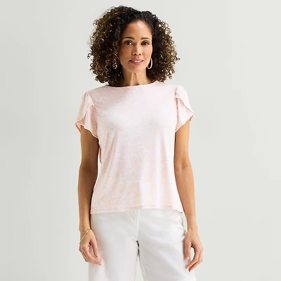 Liz Claiborne Womens Jewel Neck Short Sleeve Blouse