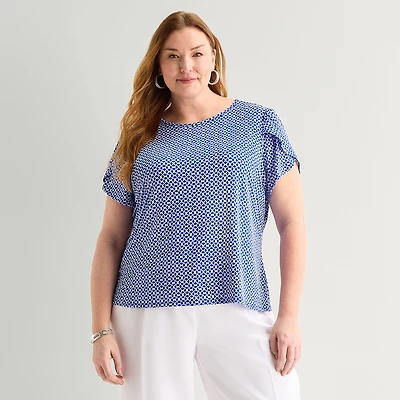 Liz Claiborne Womens Plus Crew Neck Short Sleeve Blouse