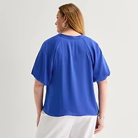 Liz Claiborne Womens Plus V Neck Short Sleeve Satin Blouse