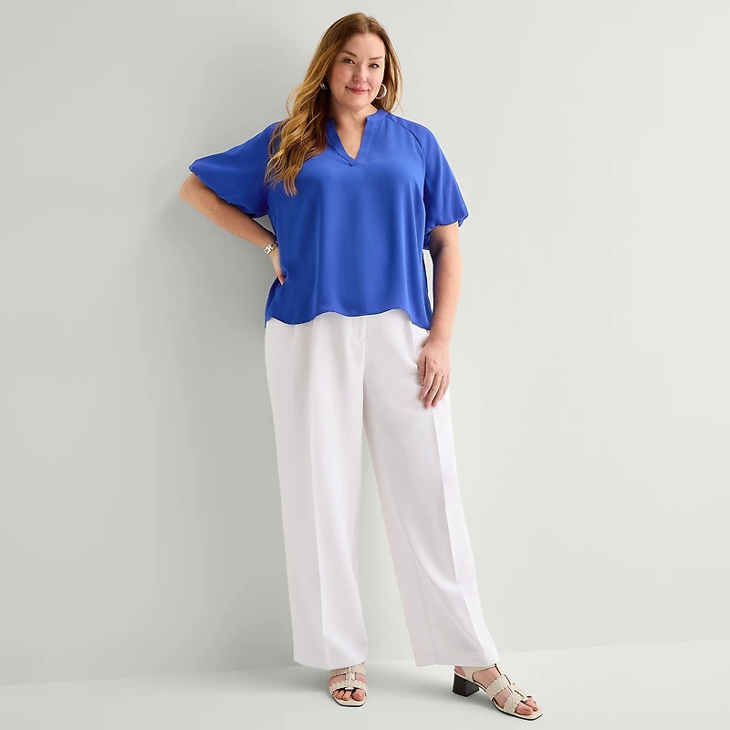 Liz Claiborne Womens Plus V Neck Short Sleeve Satin Blouse
