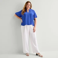 Liz Claiborne Womens Plus V Neck Short Sleeve Satin Blouse