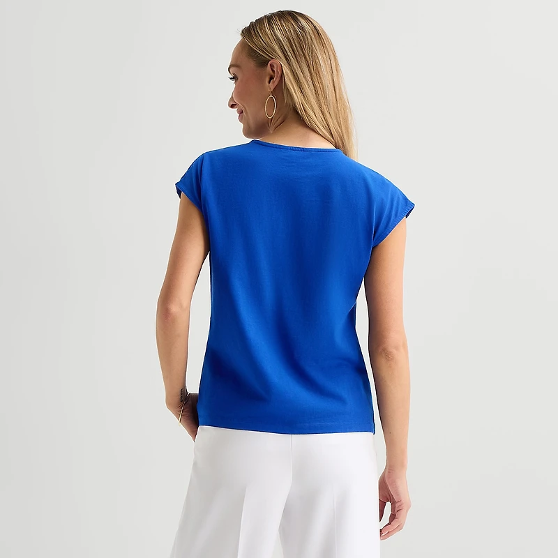 Liz Claiborne Womens Crew Neck Short Sleeve Embroidered Blouse