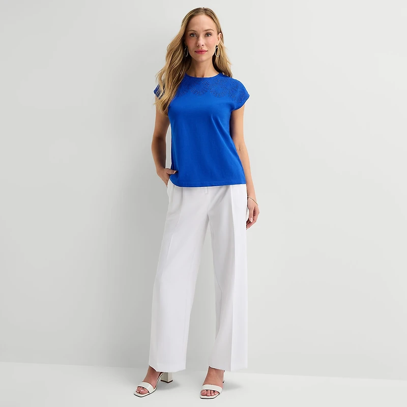 Liz Claiborne Womens Crew Neck Short Sleeve Embroidered Blouse