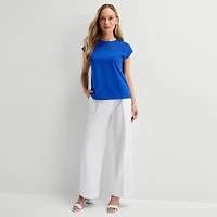Liz Claiborne Womens Crew Neck Short Sleeve Embroidered Blouse