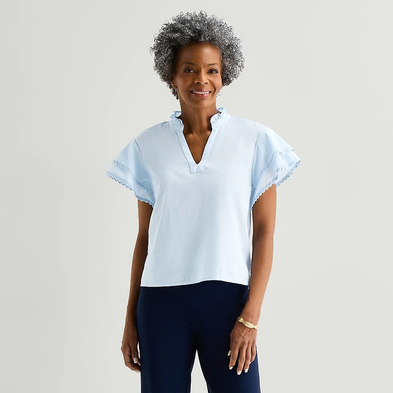 Liz Claiborne Womens Split Crew Neck Short Sleeve Blouse