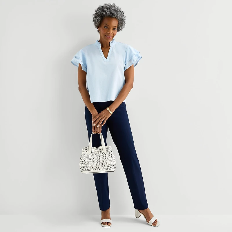 Liz Claiborne Womens Split Crew Neck Short Sleeve Blouse