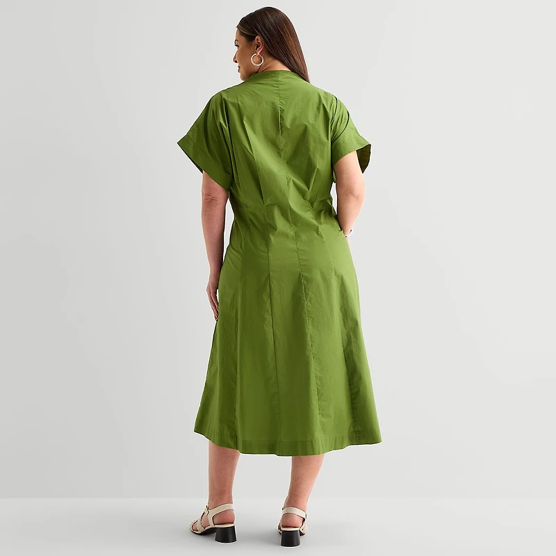 Liz Claiborne Womens Plus Midi V Neck Short Sleeve A-Line Dress