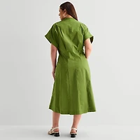Liz Claiborne Womens Plus Midi V Neck Short Sleeve A-Line Dress