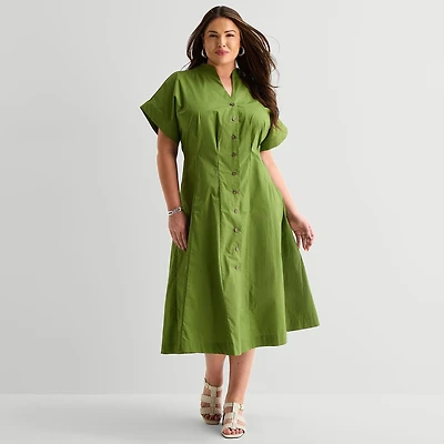 Liz Claiborne Womens Plus Midi V Neck Short Sleeve A-Line Dress