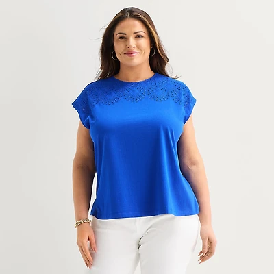Liz Claiborne Womens Plus Crew Neck Short Sleeve Embellished Blouse