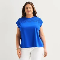 Liz Claiborne Womens Plus Crew Neck Short Sleeve Embellished Blouse
