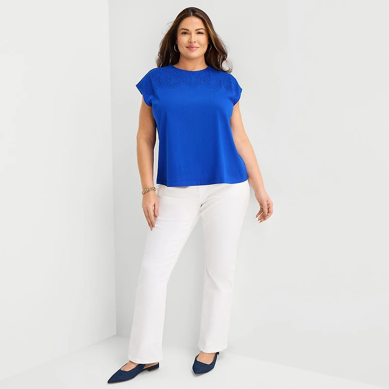 Liz Claiborne Womens Plus Crew Neck Short Sleeve Embellished Blouse