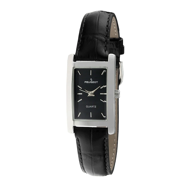 Peugeot® Womens Silver-Tone Black Leather Strap Watch