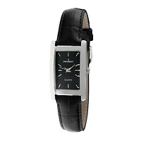 Peugeot® Womens Silver-Tone Black Leather Strap Watch	