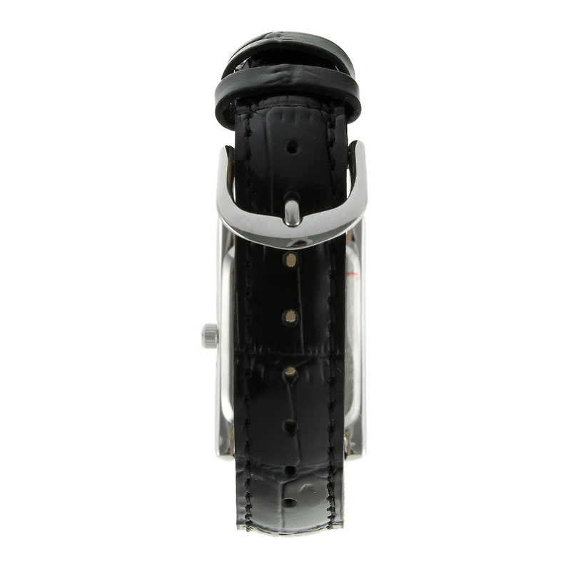 Peugeot® Womens Silver-Tone Black Leather Strap Watch