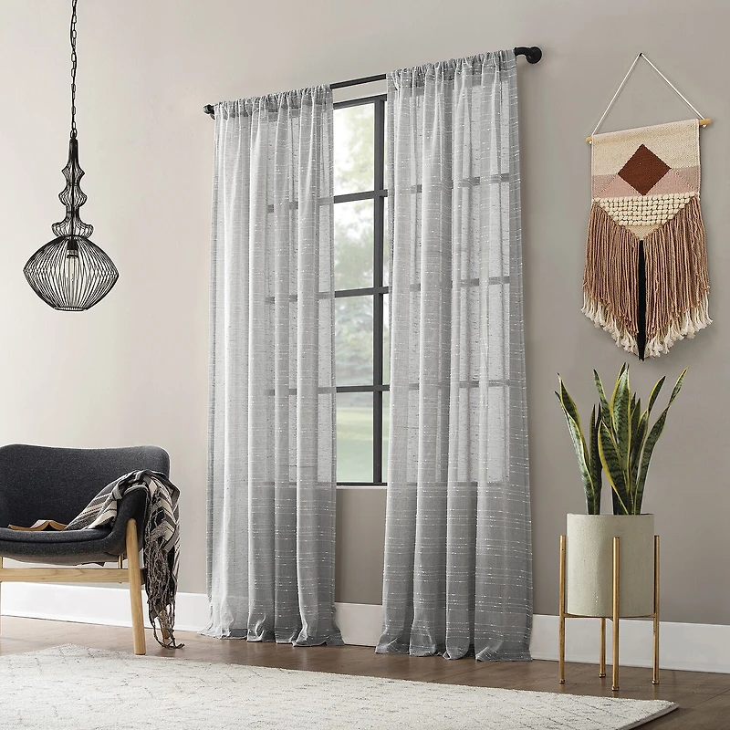 Clean Window Textured Slub Stripe Rod Pocket Sheer Single Curtain Panel