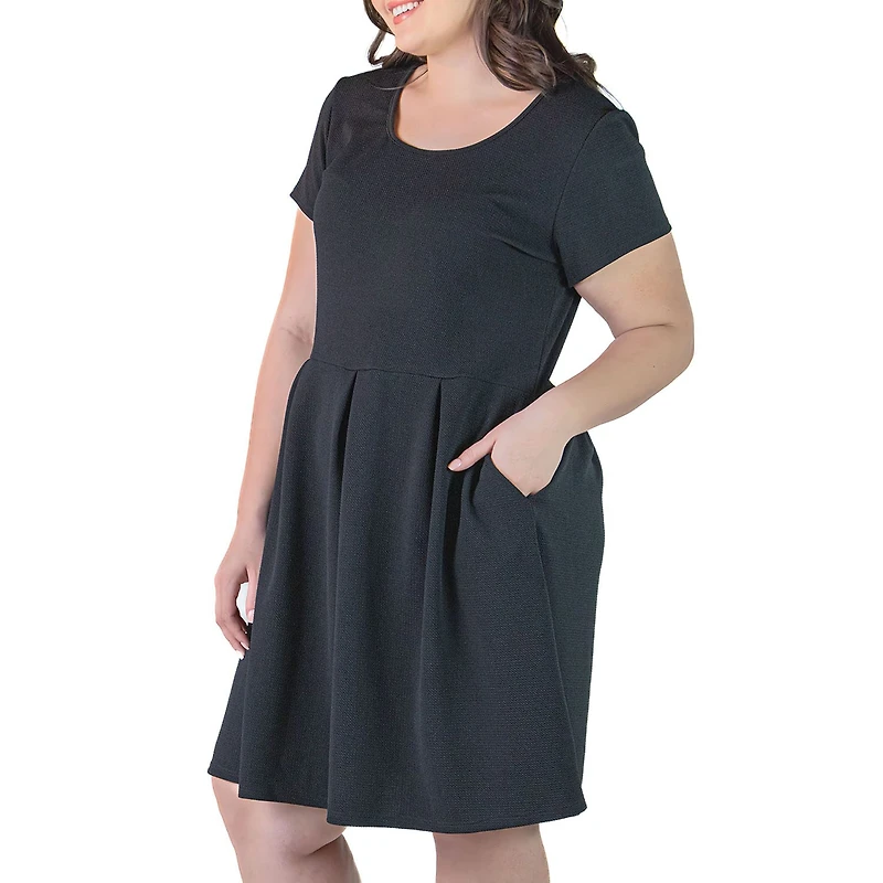24seven Comfort Apparel Womens Plus Scoop Neck Short Sleeve Fit + Flare Dress