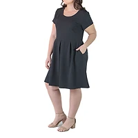 24seven Comfort Apparel Womens Plus Scoop Neck Short Sleeve Fit + Flare Dress