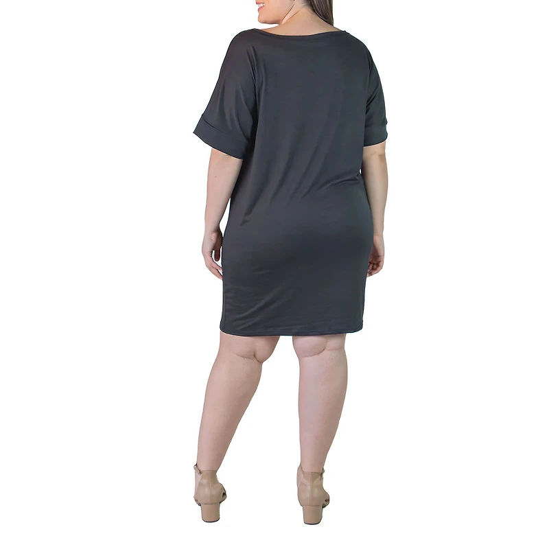 24seven Comfort Apparel Womens Plus V Neck Short Sleeve A-Line Dress