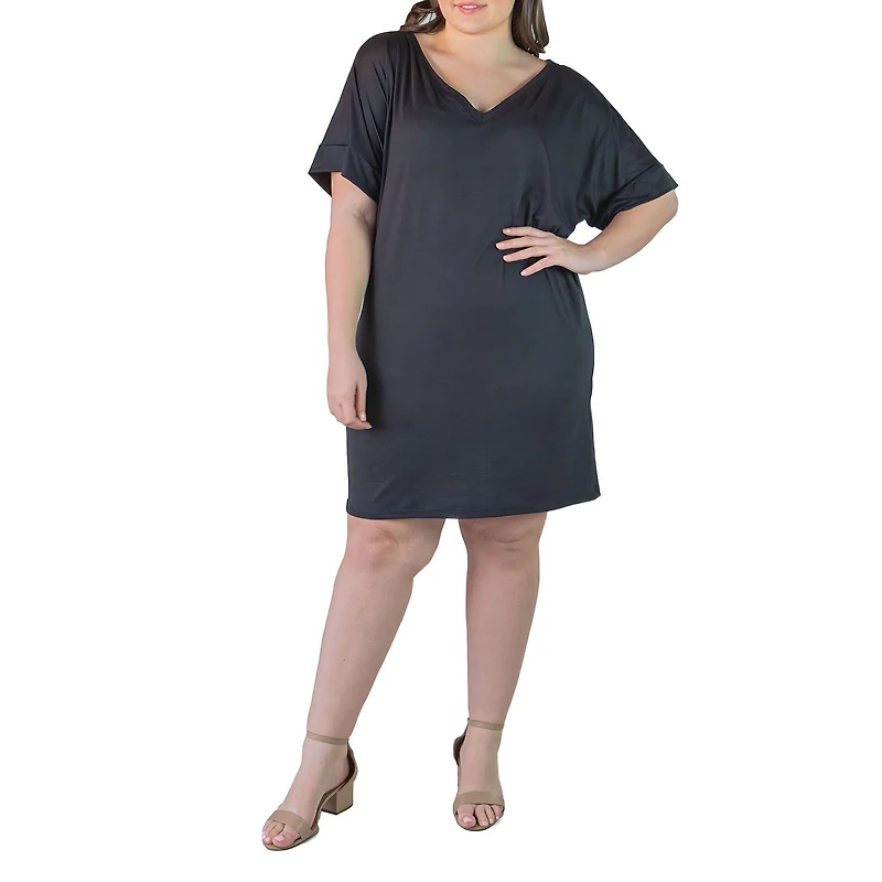 24seven Comfort Apparel Womens Plus V Neck Short Sleeve A-Line Dress