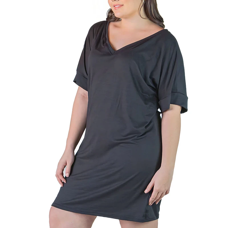 24seven Comfort Apparel Womens Plus V Neck Short Sleeve A-Line Dress