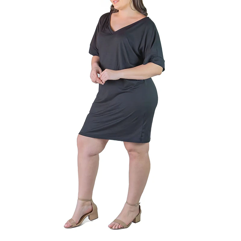 24seven Comfort Apparel Womens Plus V Neck Short Sleeve A-Line Dress