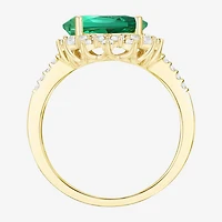 Womens Lab Created Green Emerald 14K Gold Over Silver Sterling Silver Pear Halo Side Stone Cocktail Ring