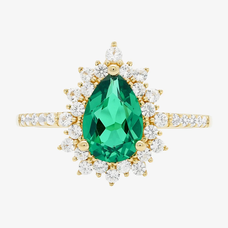Womens Lab Created Green Emerald 14K Gold Over Silver Sterling Silver Pear Halo Side Stone Cocktail Ring
