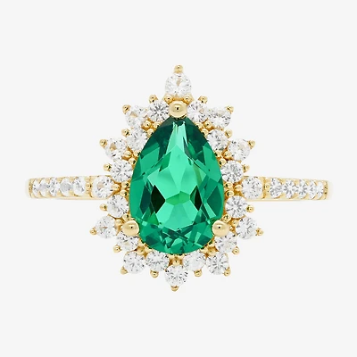 Womens Lab Created Green Emerald 14K Gold Over Silver Sterling Silver Pear Halo Side Stone Cocktail Ring