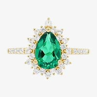 Womens Lab Created Green Emerald 14K Gold Over Silver Sterling Silver Pear Halo Side Stone Cocktail Ring