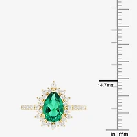 Womens Lab Created Green Emerald 14K Gold Over Silver Sterling Silver Pear Halo Side Stone Cocktail Ring