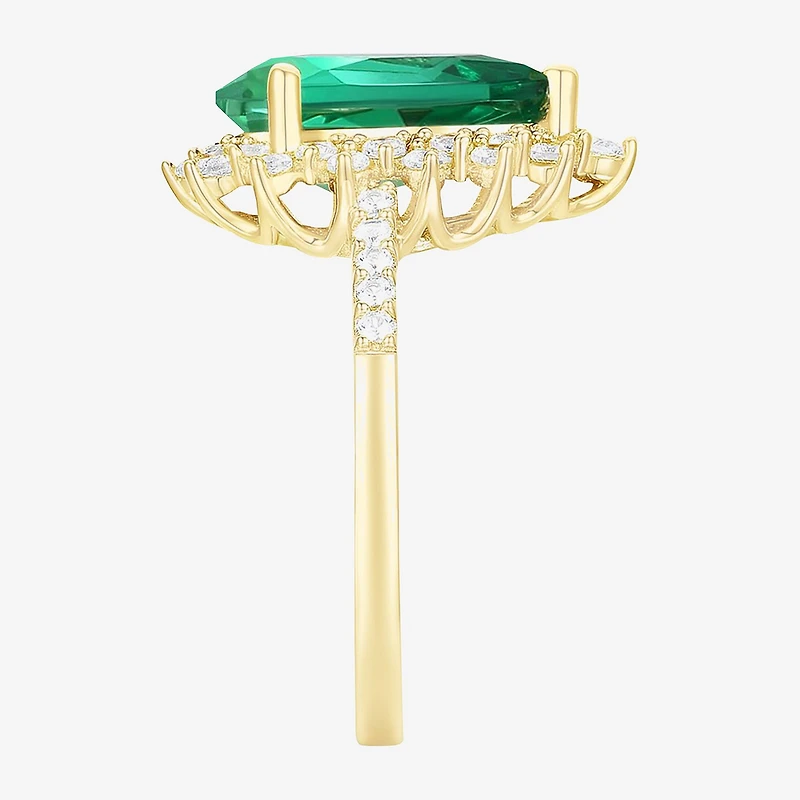 Womens Lab Created Green Emerald 14K Gold Over Silver Sterling Silver Pear Halo Side Stone Cocktail Ring