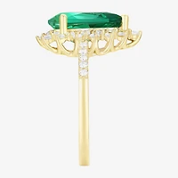 Womens Lab Created Green Emerald 14K Gold Over Silver Sterling Silver Pear Halo Side Stone Cocktail Ring