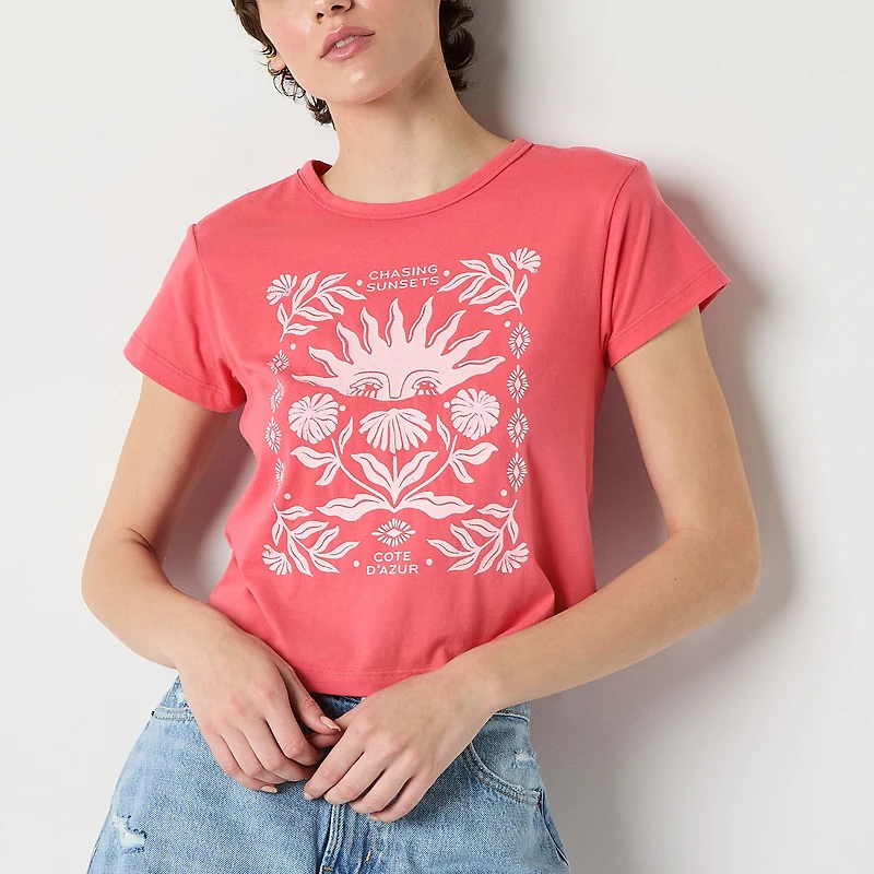Arizona Womens Juniors Round Neck Short Sleeve Regular Fit Graphic T-Shirt