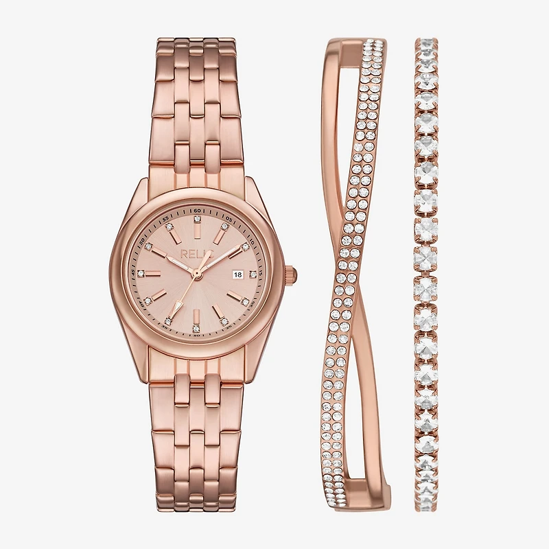 Relic By Fossil Womens Rose Goldtone 3-pc. Watch Boxed Set Zr97031