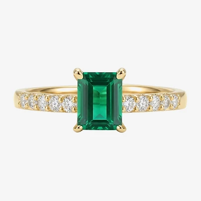 Yes, Please! Womens Lab Created Green Emerald Sterling Silver Side Stone Cocktail Ring